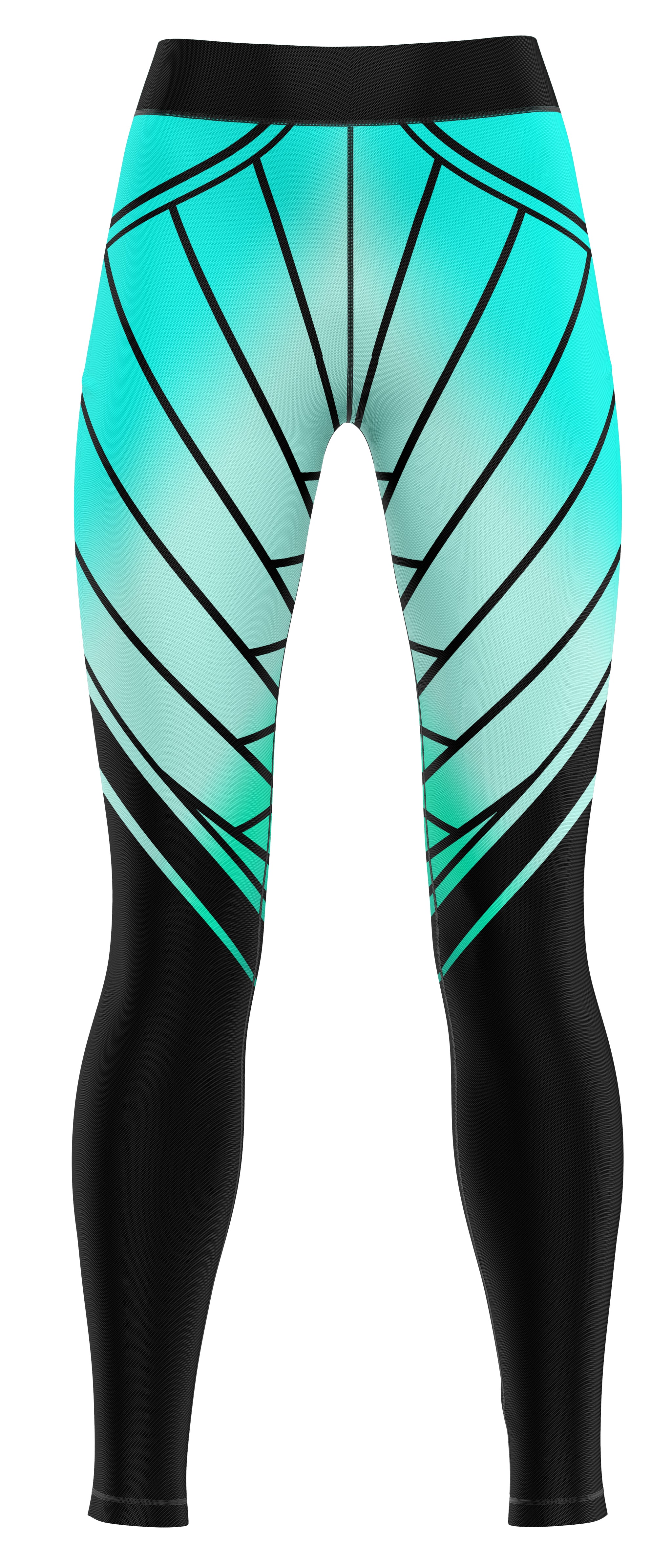 Turquoise gym leggings laid flat on a white background