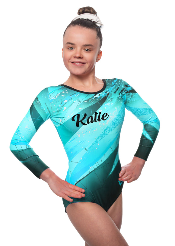 Personalised Kiki Turquoise Long Sleeve Girls Gymnastics Leotard