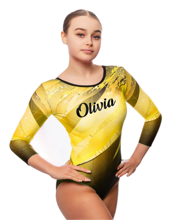 Personalised Kiki Yellow Long Sleeve Girls Gymnastics Leotard