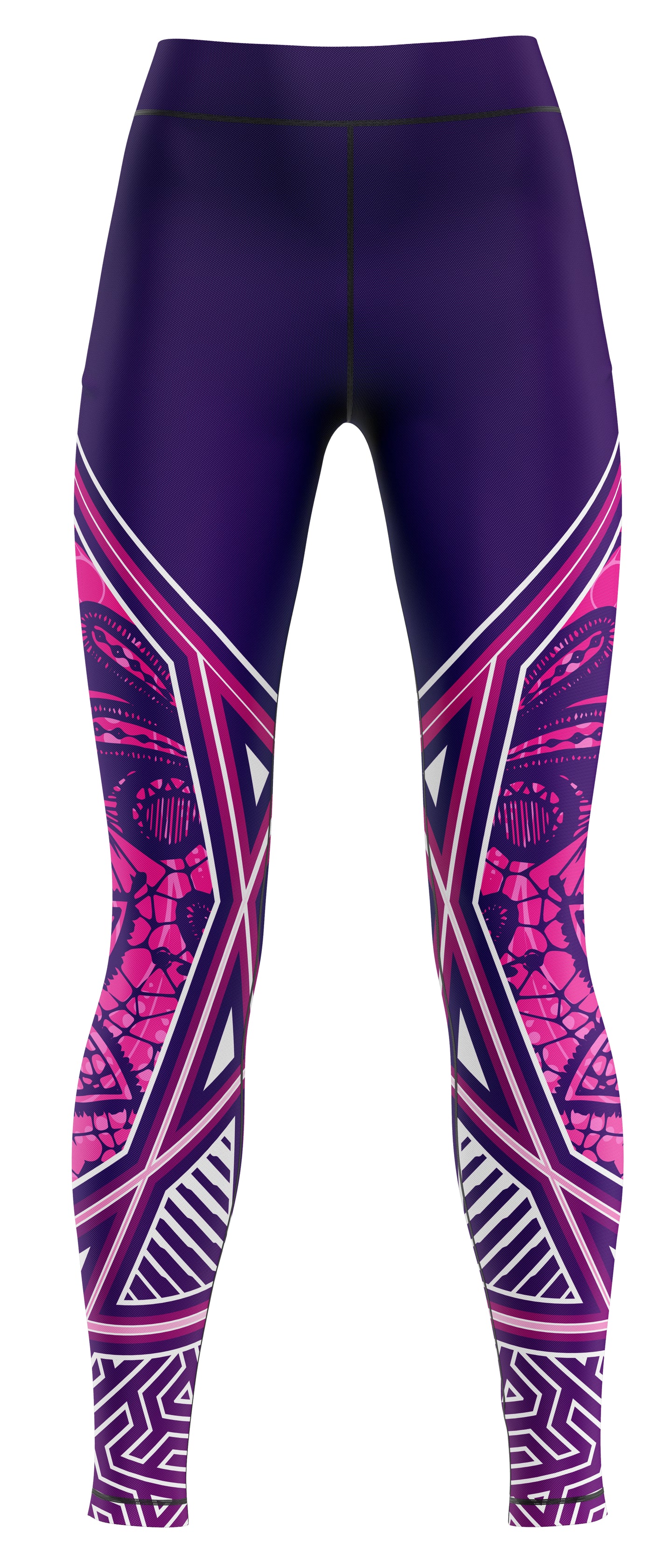 Navy and royal blue athletic leggings laid flat on a white background