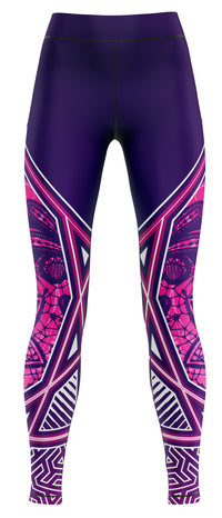 Navy and royal blue athletic leggings laid flat on a white background
