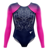 A long sleeve girls gymnastics leotard with a gradient of pink to purple color and a decorative pattern in the center.