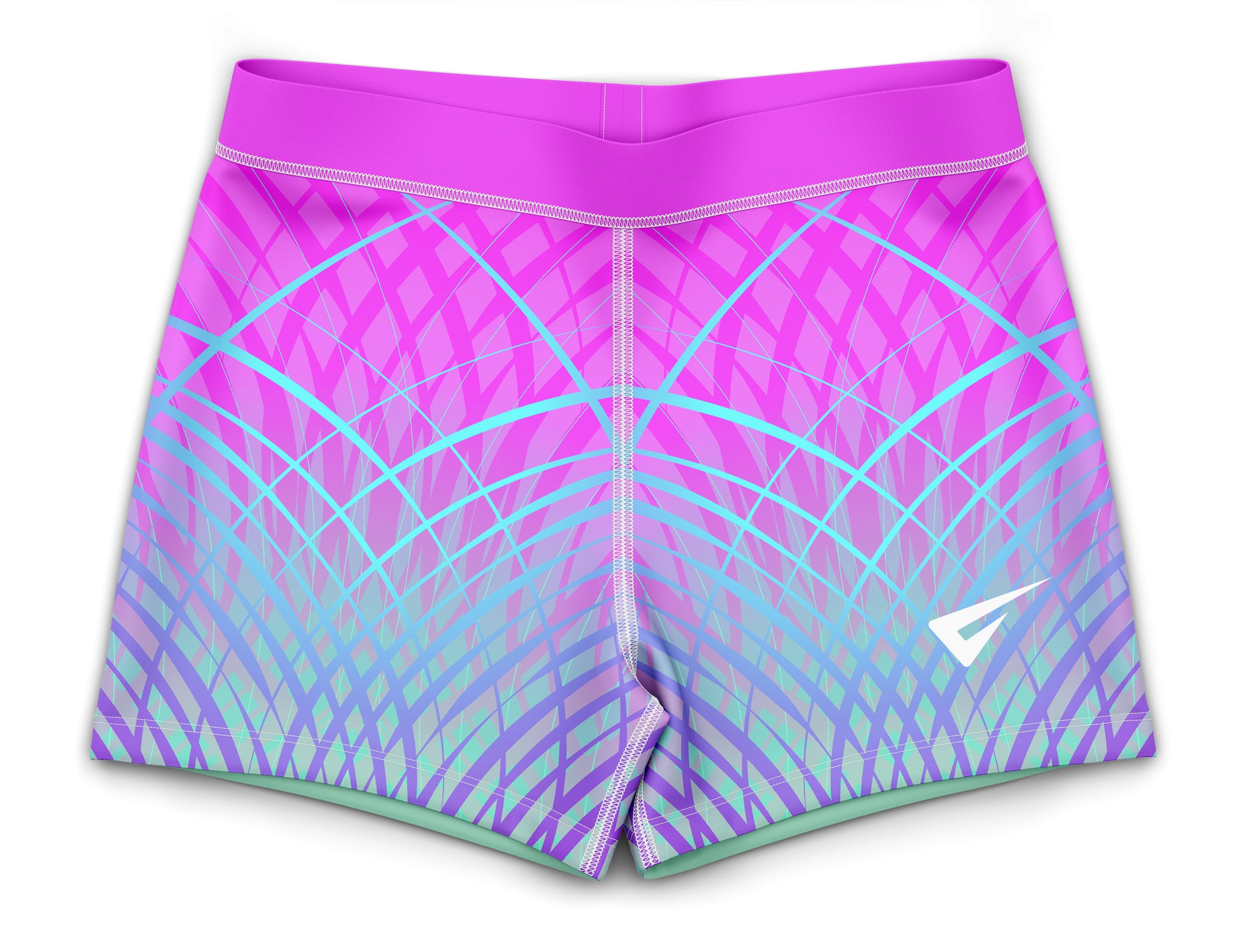 Pink and blue girls hipster gym shorts with low-rise fit