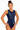 A woman modeling a navy blue sleeveless leotard with white rhinestone star patterns and a white logo on the hip, set against a plain white background.