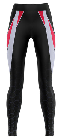 Pair of blue girls' activewear leggings in navy and royal tones laid flat