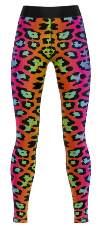Pair of leggings with bold rainbow leopard print laid flat on a studio background