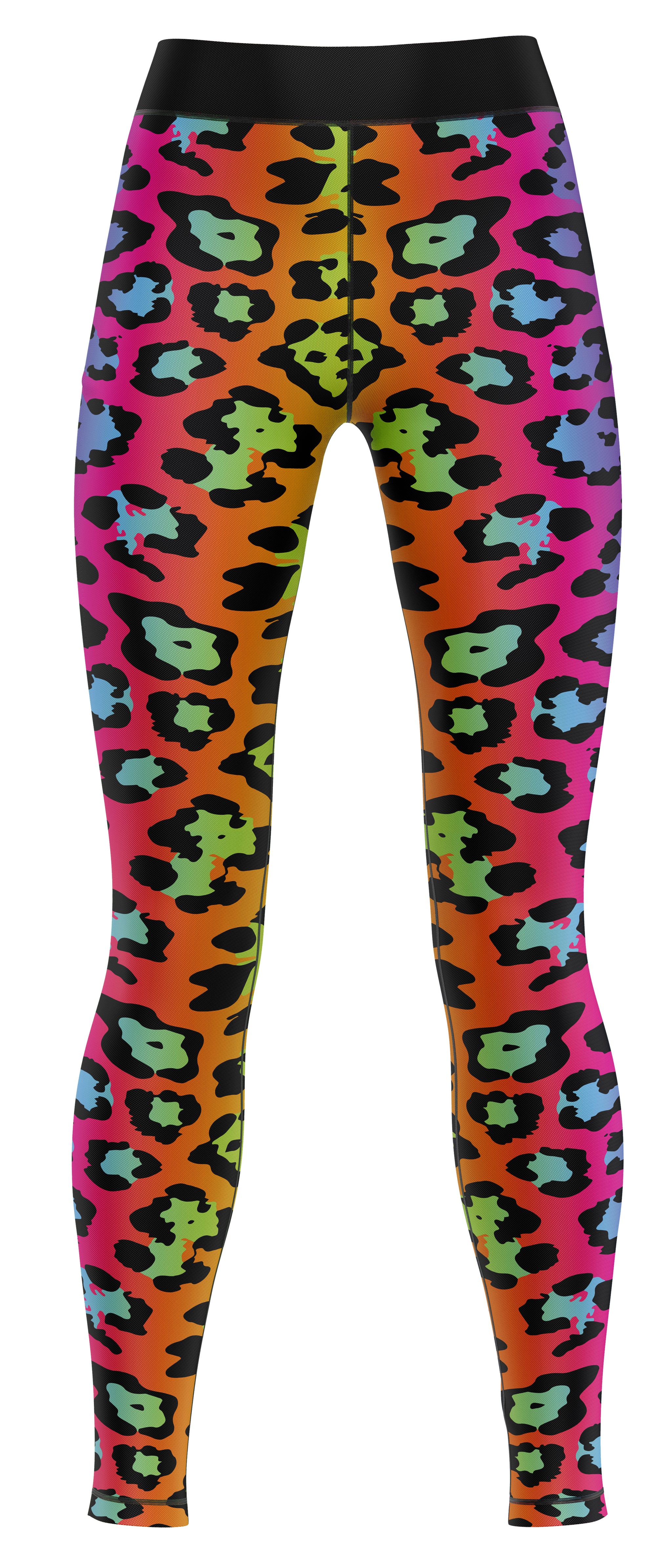 Pair of leggings with bold rainbow leopard print laid flat on a studio background