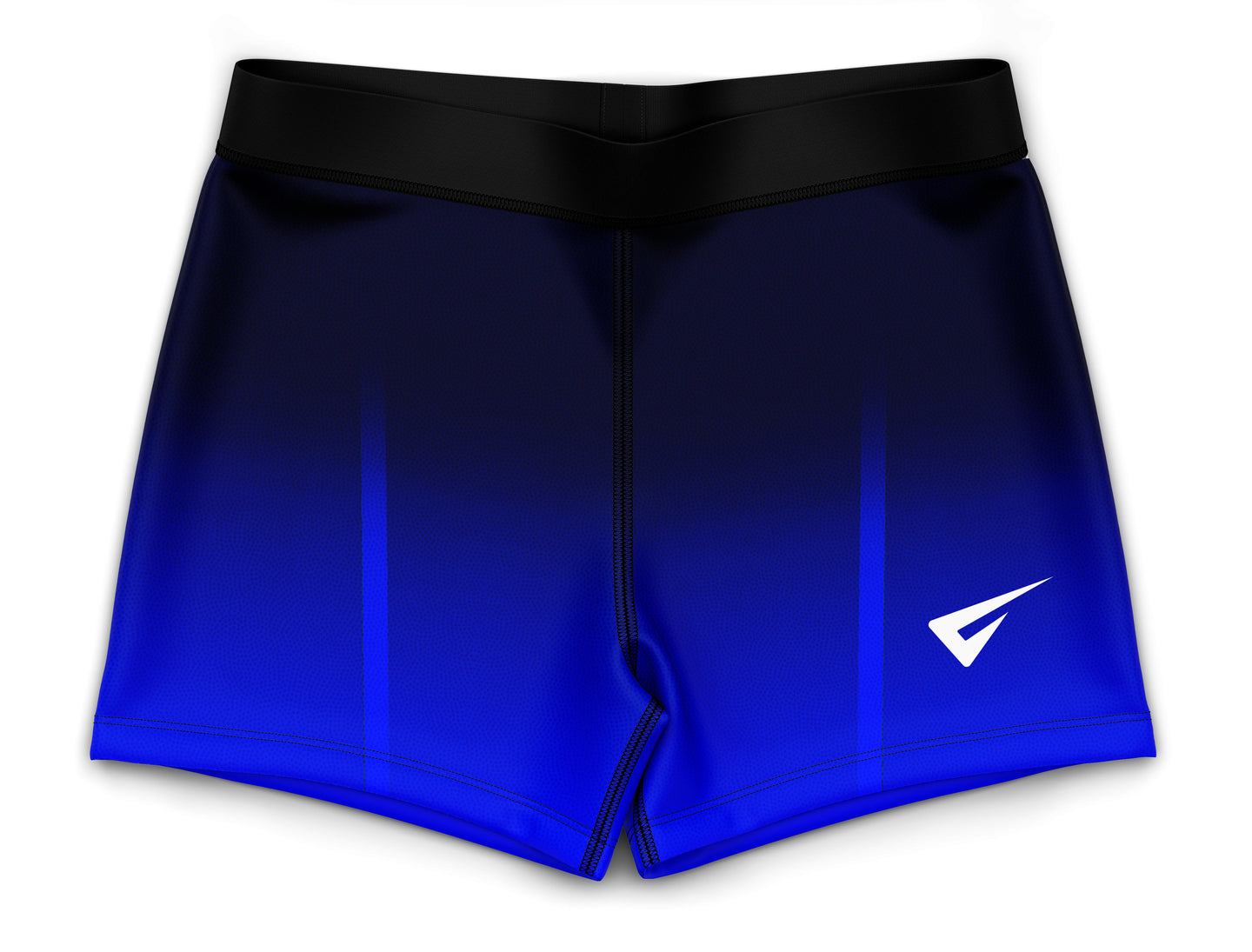 Blue athletic shorts with a black waistband on a white background