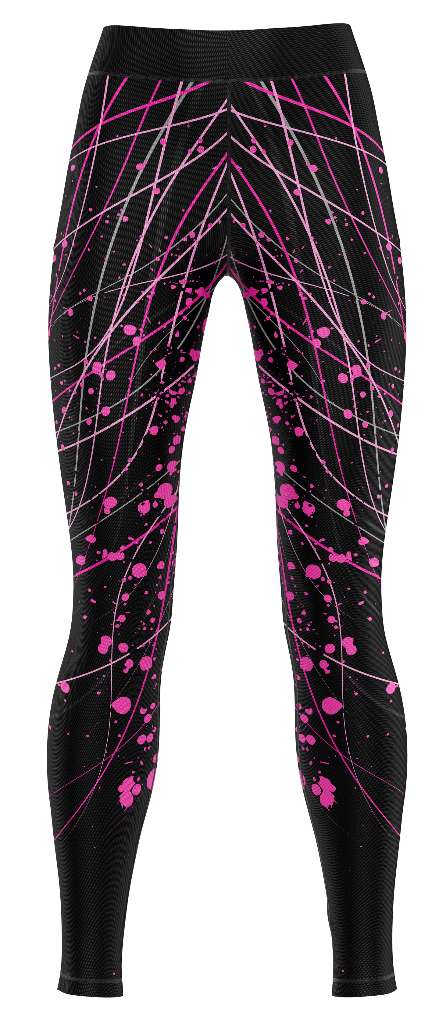 Pink and black gym leggings laid flat on a white background