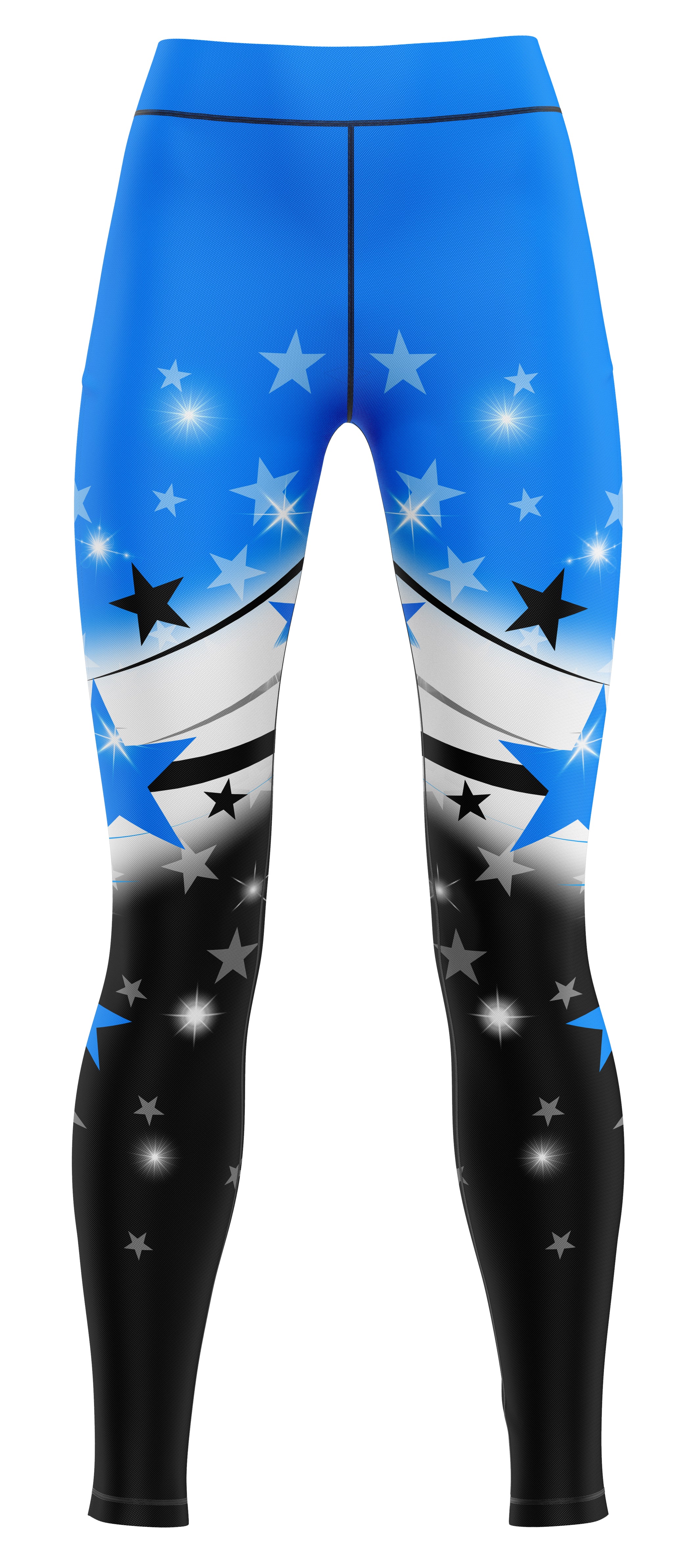 Blue and black two‑tone athletic leggings with contrast panels