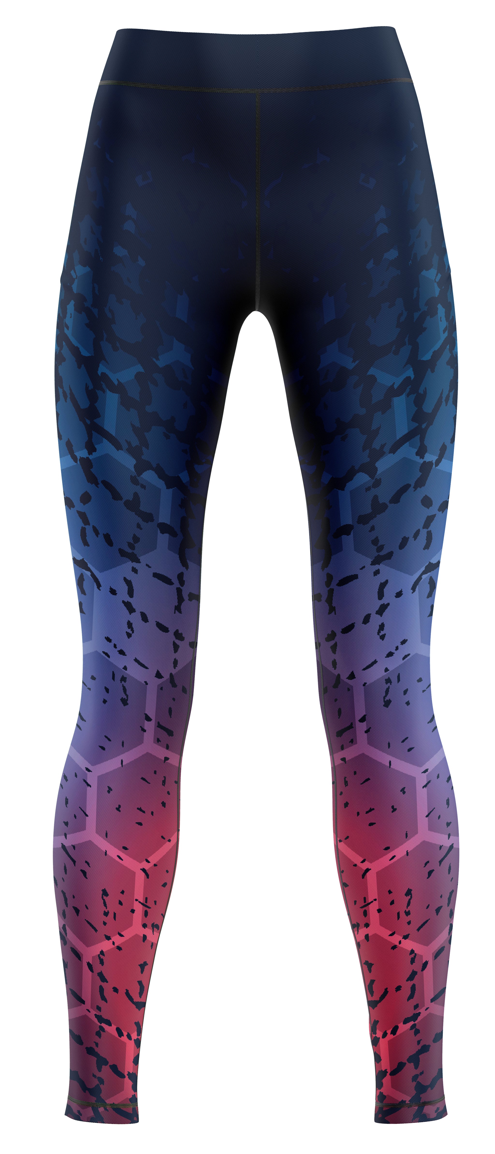 Blue athletic leggings for gymnastics and dance, laid flat to show fit and seam lines