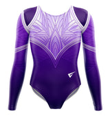 A long sleeve girls' gymnastics leotard in purple with a geometric pattern on the chest and sleeves.
