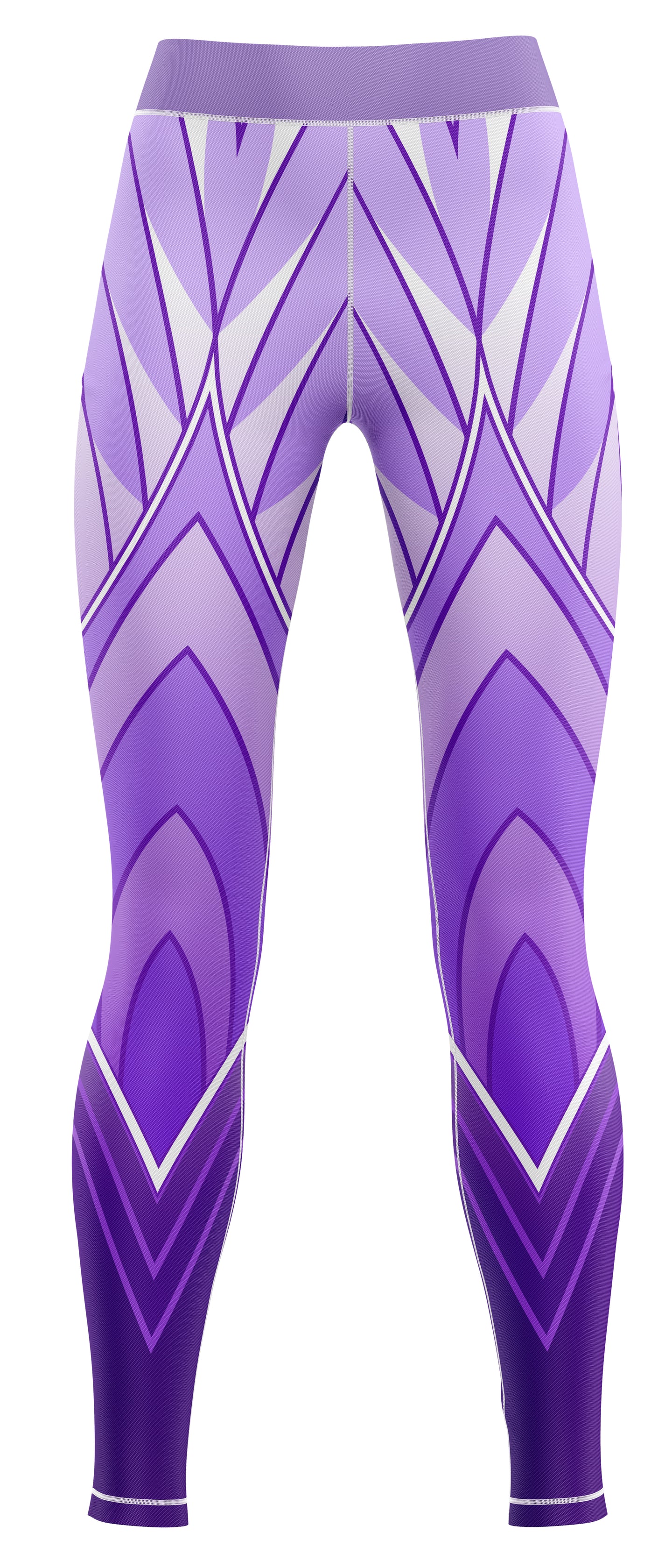 Purple training leggings laid flat on a plain background