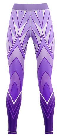 Purple training leggings laid flat on a plain background