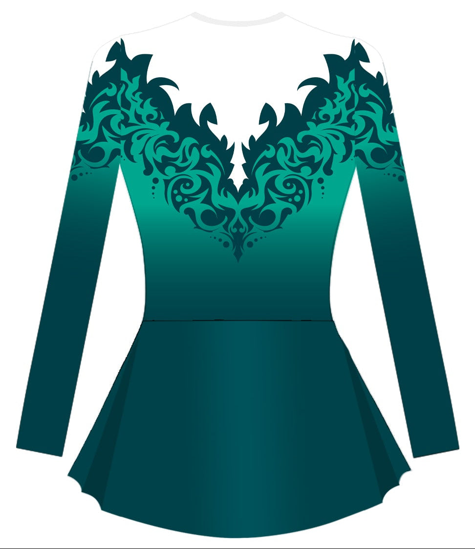 Teal dress with intricate lace detailing on a white background
