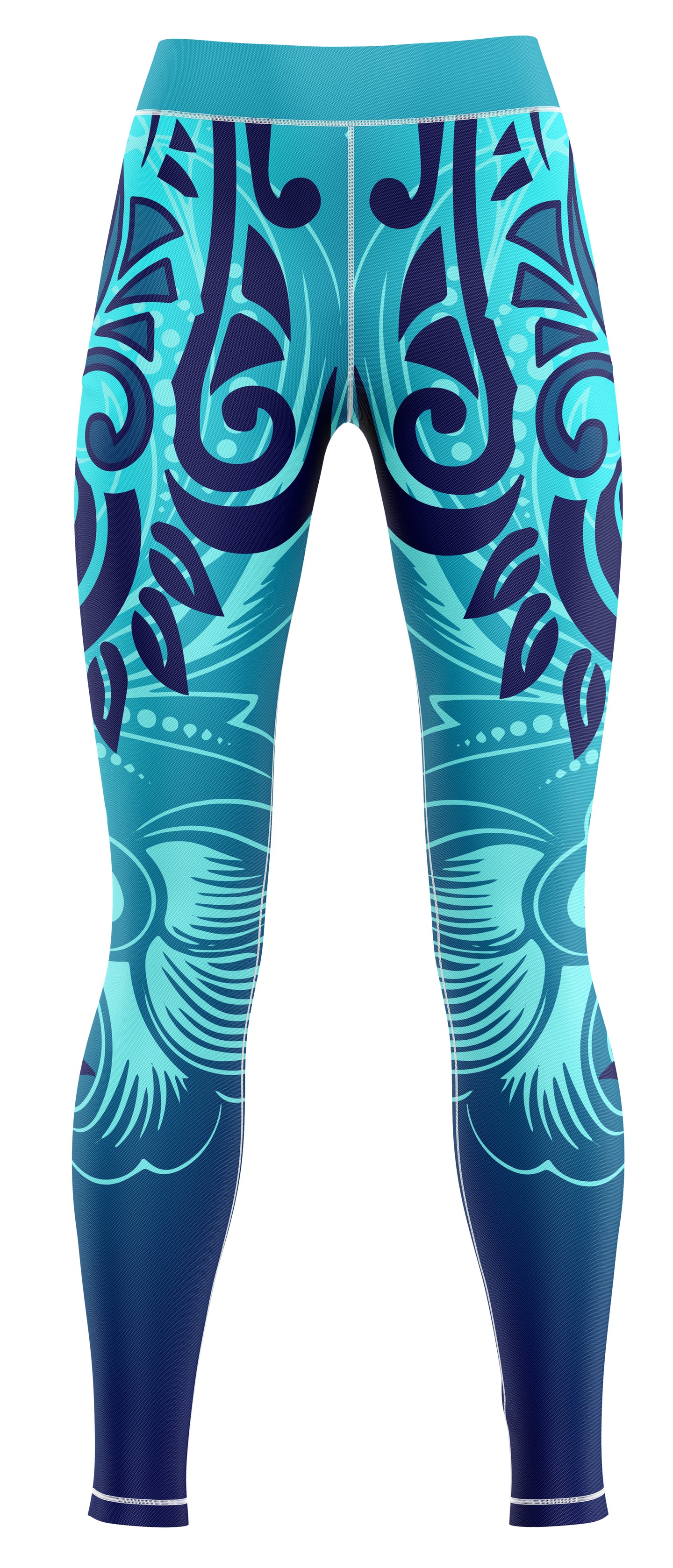 Pair of dark blue athletic leggings laid flat on a neutral background