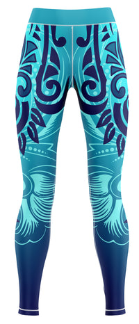 Pair of dark blue athletic leggings laid flat on a neutral background