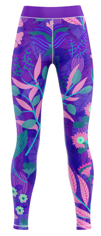 Pair of blue activewear leggings shown in navy and lighter blue tones