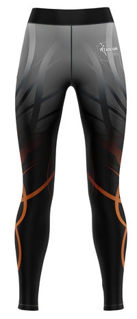 Pair of black gym leggings with ombre shading displayed flat against a neutral background