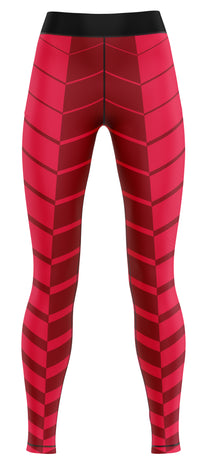 Red athletic leggings photographed against a plain background
