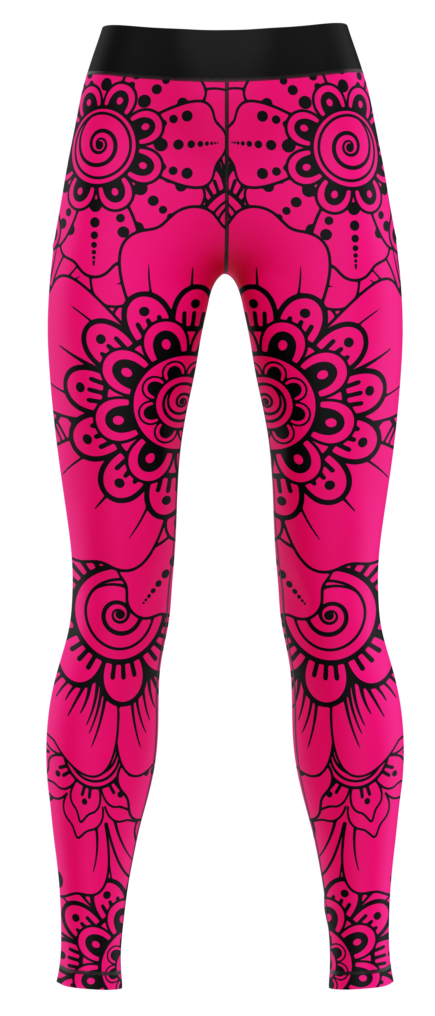 Pair of pink activewear leggings laid flat on a neutral background