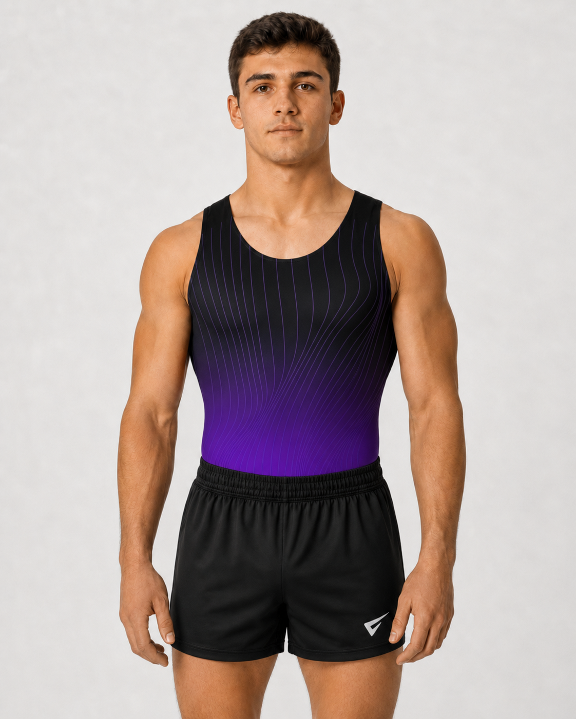 Trix Academy men’s gymnastics leotard in black and purple gradient with subtle flowing line detail, worn with black gym shorts.