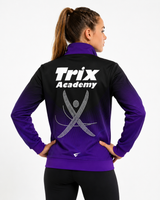 Trix Academy club tracksuit jacket back view with rhinestone gymnast logo