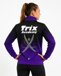 Trix Academy club tracksuit jacket back view with rhinestone gymnast logo
