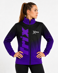Trix Academy purple and black club tracksuit warm up jacket front view worn by gymnast
