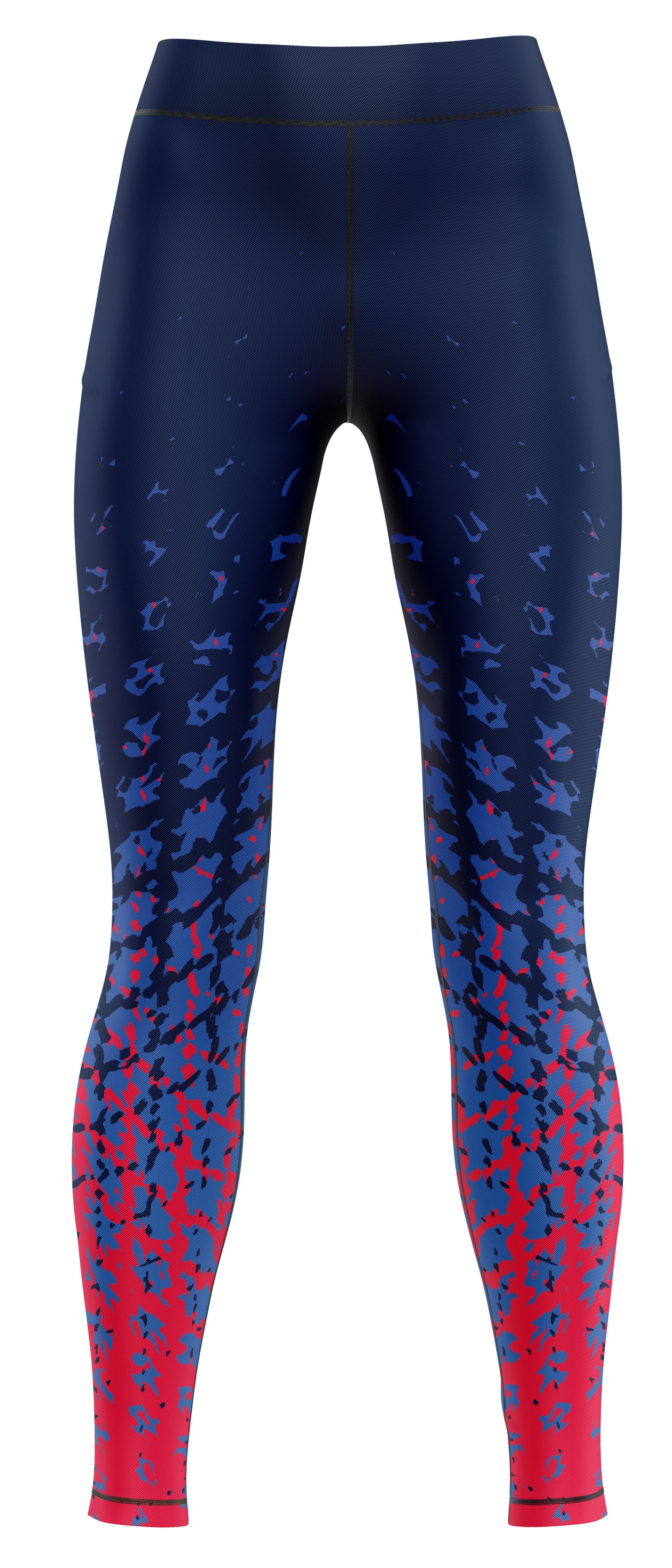 Pair of blue athletic leggings laid flat, suitable for gymnastics and dance practice