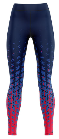 Pair of blue athletic leggings laid flat, suitable for gymnastics and dance practice