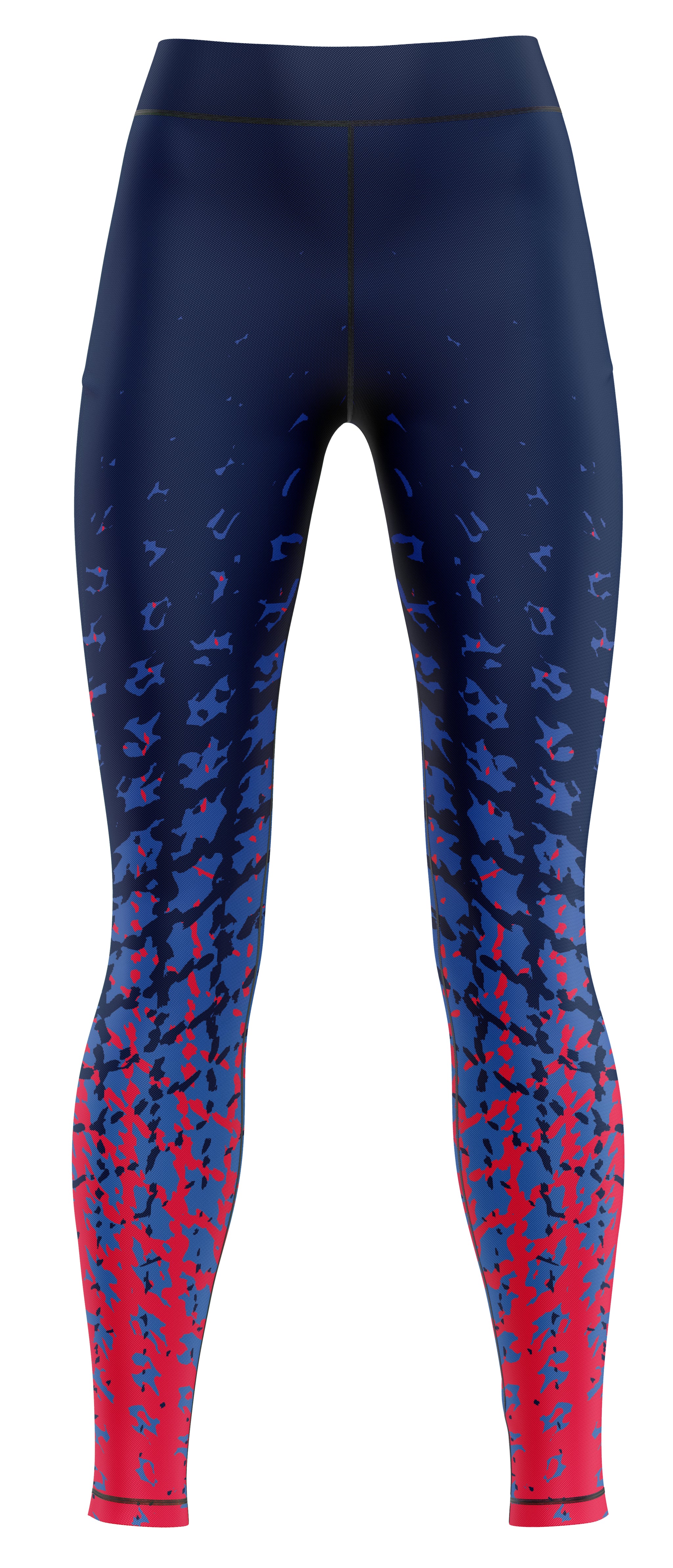 Pair of blue athletic leggings laid flat, suitable for gymnastics and dance practice