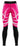Pair of pink and black gym leggings laid flat showing front panel and contrast colour blocks