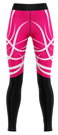 Pair of pink and black gym leggings laid flat showing front panel and contrast colour blocks