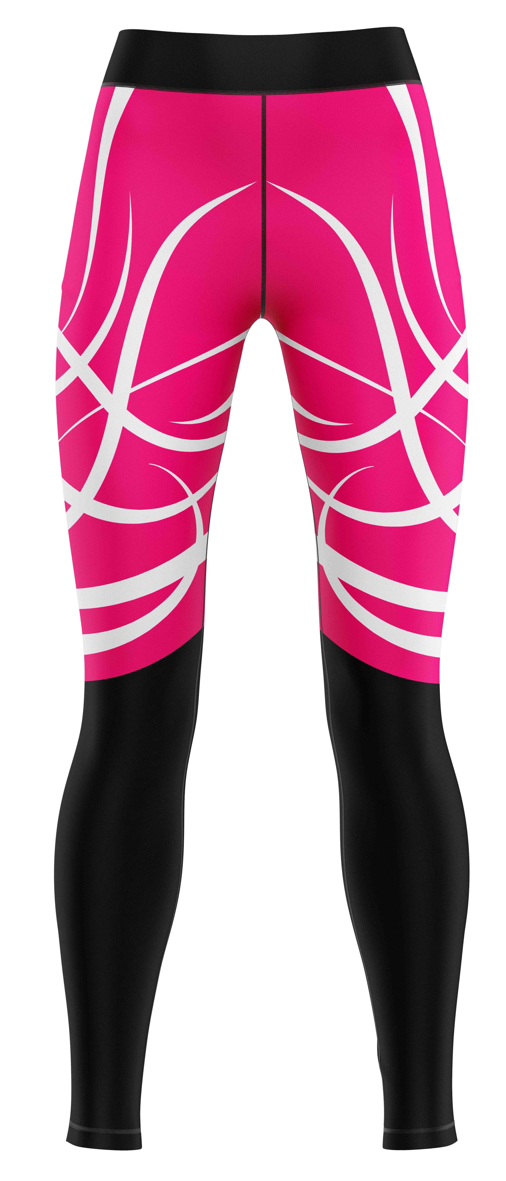 Pair of pink and black gym leggings laid flat showing front panel and contrast colour blocks