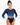 A female gymnast wearing a long-sleeve leotard with a blue and black geometric pattern, posed against a solid white studio background.