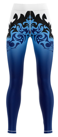 Pair of blue athletic leggings in navy and royal tones laid flat