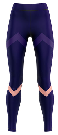 Blue athletic leggings laid flat showing full-length design