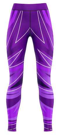 Pair of blue activewear leggings laid flat on a plain background