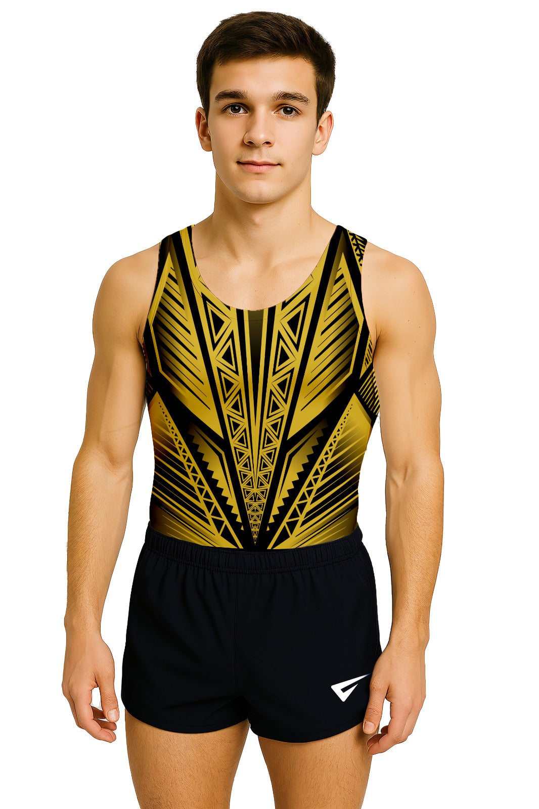 Person wearing a black and gold leotard with a white logo on a white background
