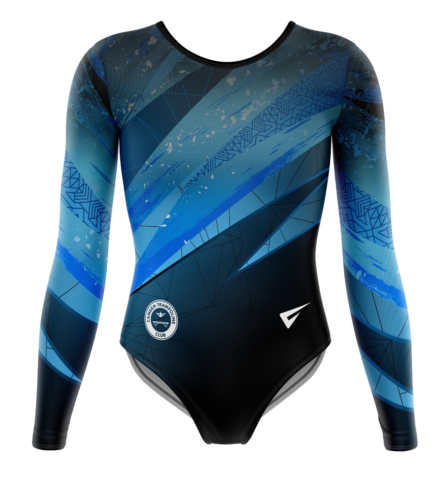 Blue and black leotard with geometric patterns on a white background
