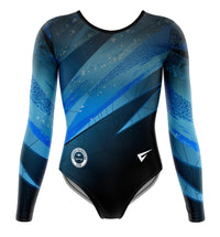 Blue and black leotard with geometric patterns on a white background