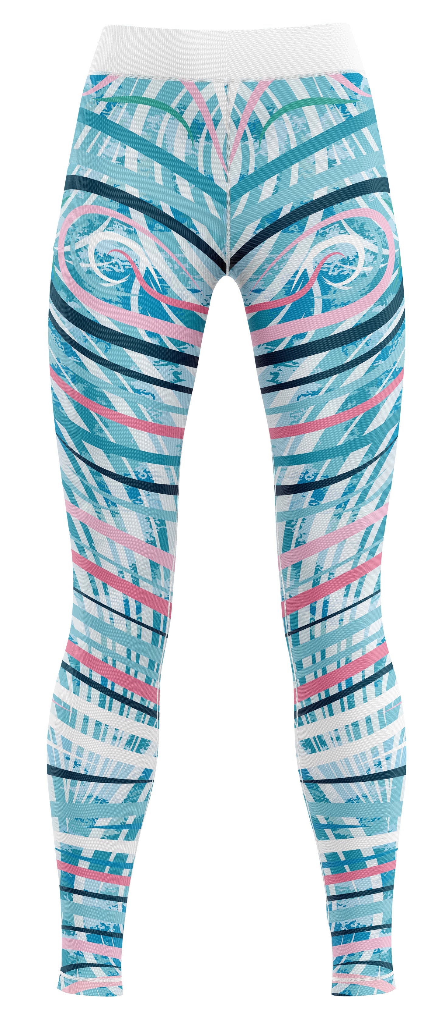 Blue patterned gym leggings laid flat on a white background