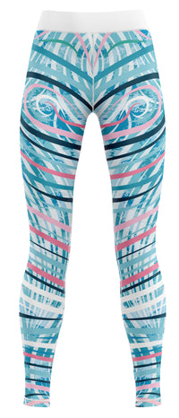 Blue patterned gym leggings laid flat on a white background