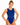 A woman modeling a royal blue sleeveless gymnastics leotard with white rhinestone wing patterns on the chest and a white logo on the hip, set against a plain white background.