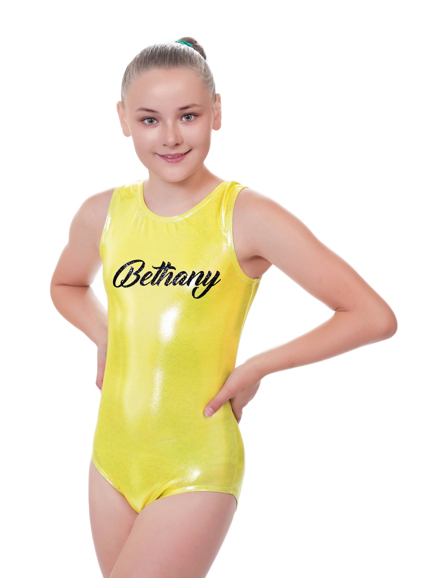 Personalised Bright Yellow Mystique Sleeveless Gymnastics Leotard