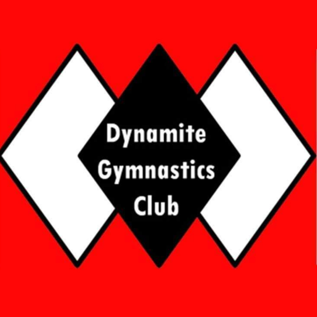 Logo of Dynamite Gymnastics Club with black and white design on a red background