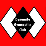 Logo of Dynamite Gymnastics Club with black and white design on a red background