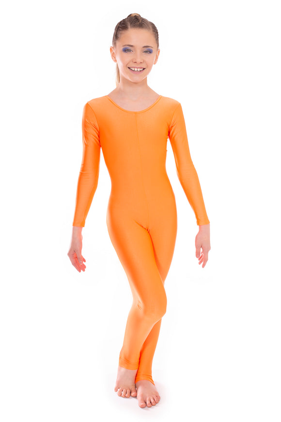 Fluorescent Neon Orange Dance Long Sleeved Unitard Catsuit
