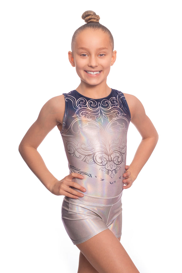 Elegant Shiny Foil Sleeveless Leotard and Shorts Activewear Set